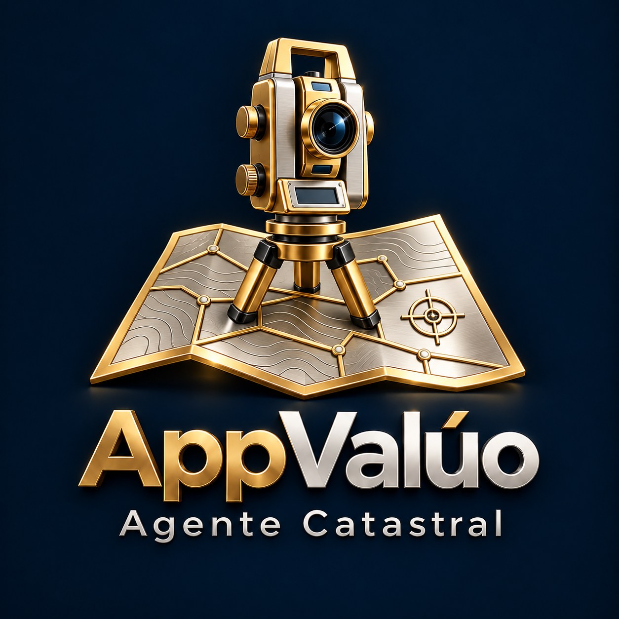 Emblema AppValúo Agente Catastral con estación topográfica sobre plano parcelario
