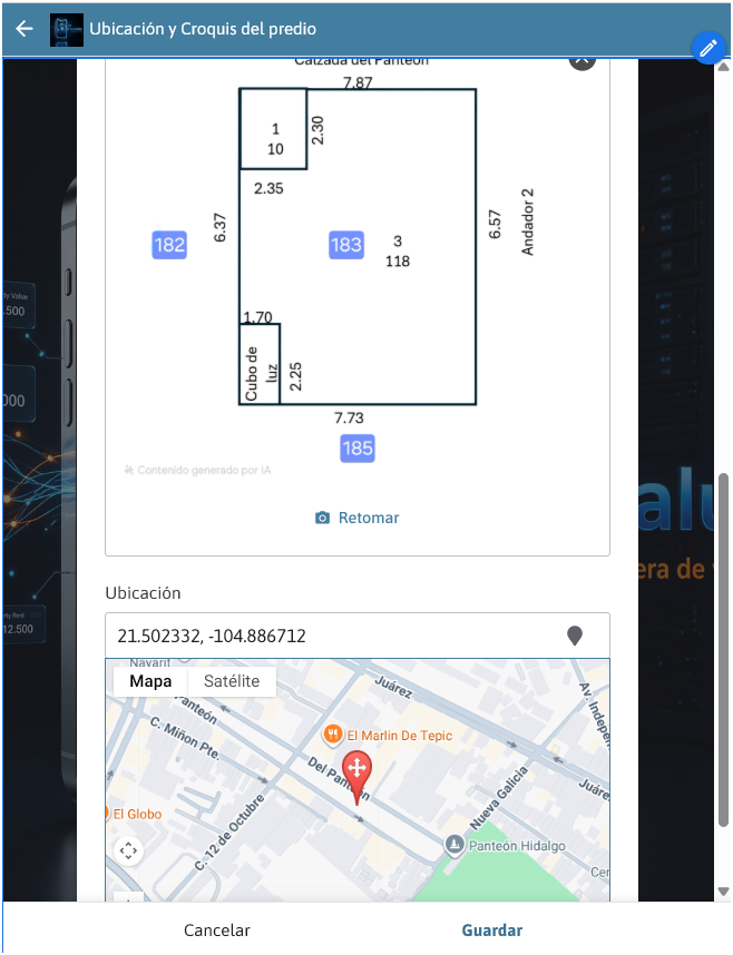Pantalla AppValúo con croquis del predio y ubicación en el mapa