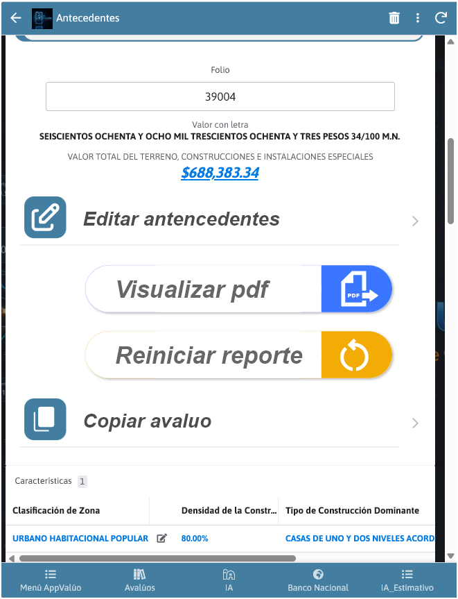 Pantalla AppValúo para consultar antecedentes, visualizar PDF y administrar el reporte