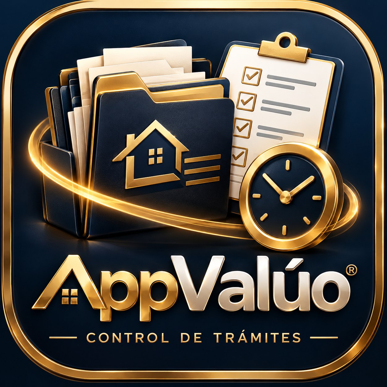 Logo AppValúo Control de Trámites, expediente inmobiliario con lista y reloj