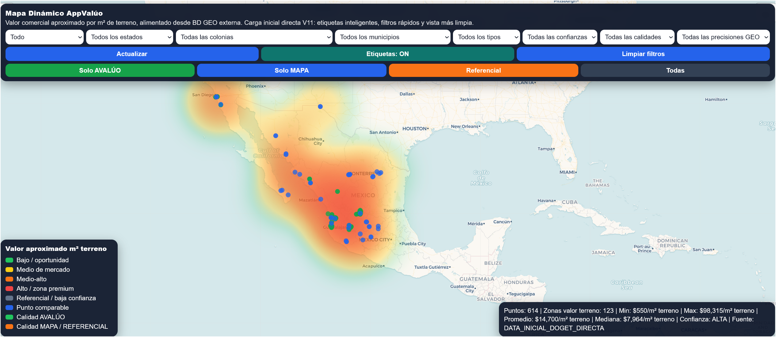 Mapa dinámico AppValúo con filtros, etiquetas, referencias y leyenda de valores